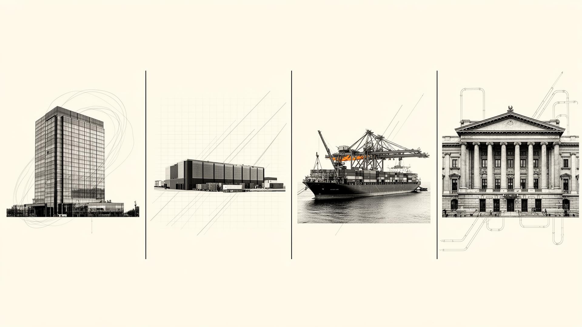 Office, data center, port, and museum — each with a different repricing signal overlaid