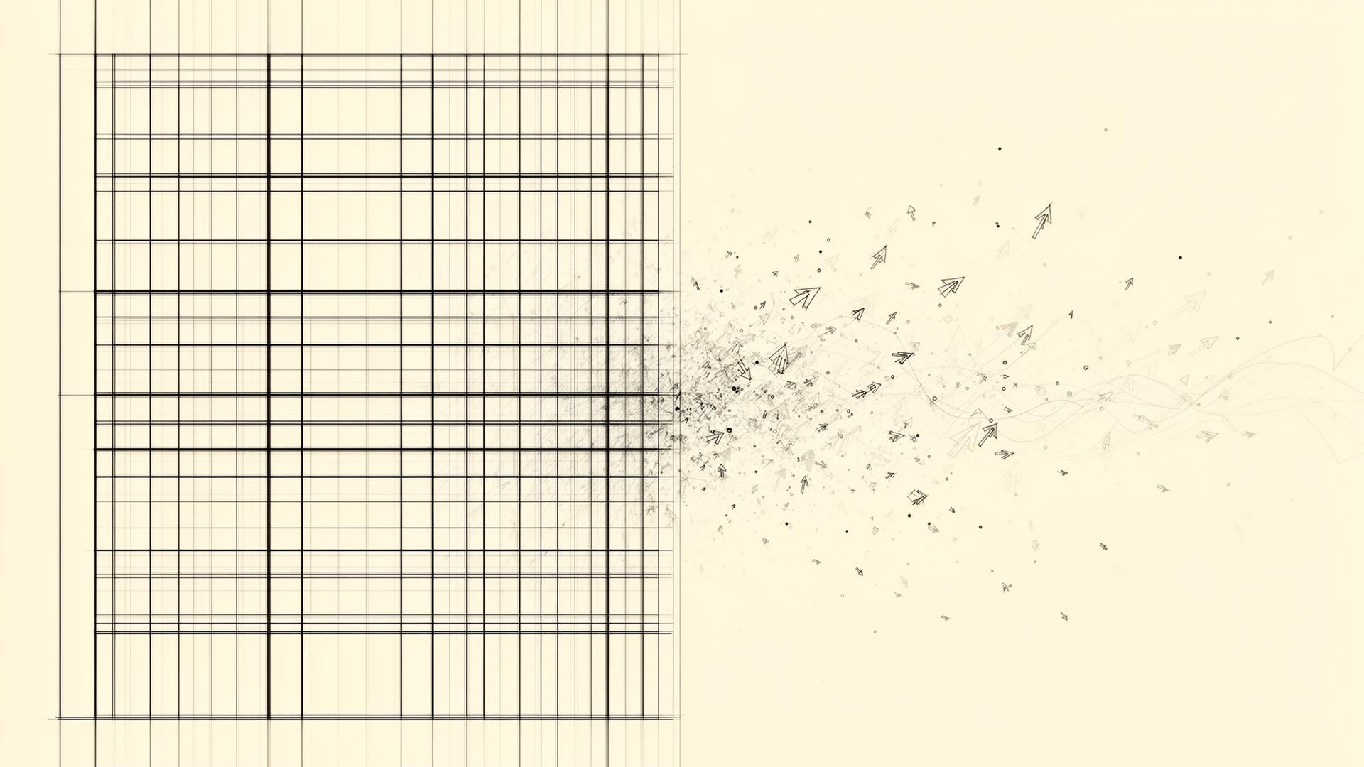 Abstract split-screen of a financial model dissolving into market signals